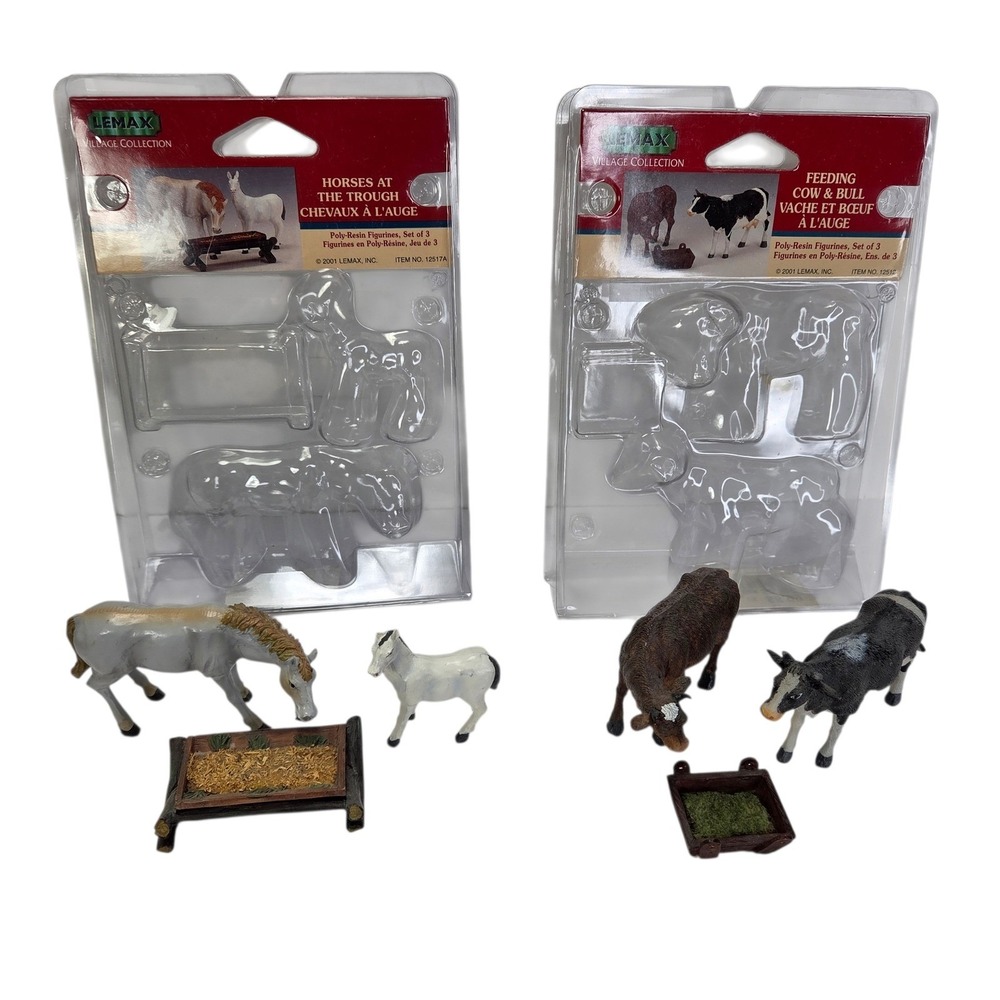 Lemax Horses at the Trough and Feeding Cow Bull Farm Figurines Set 12517 12512